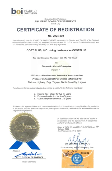 Board of Investments Certificate of Registration for Cost Plus, Inc.