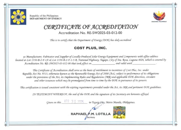 Department of Energy Certificate of Accreditation for Cost Plus, Inc.